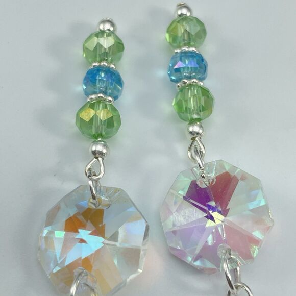 Sterling Silver Plated White AB Green Blue Glass Beaded Dangle Earrings Unique - Picture 5 of 7